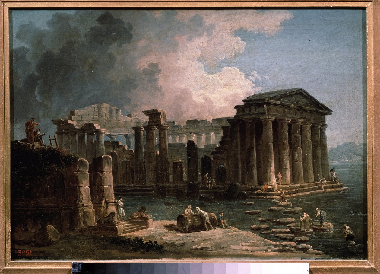 A temple surrounded by water. by Hubert Robert