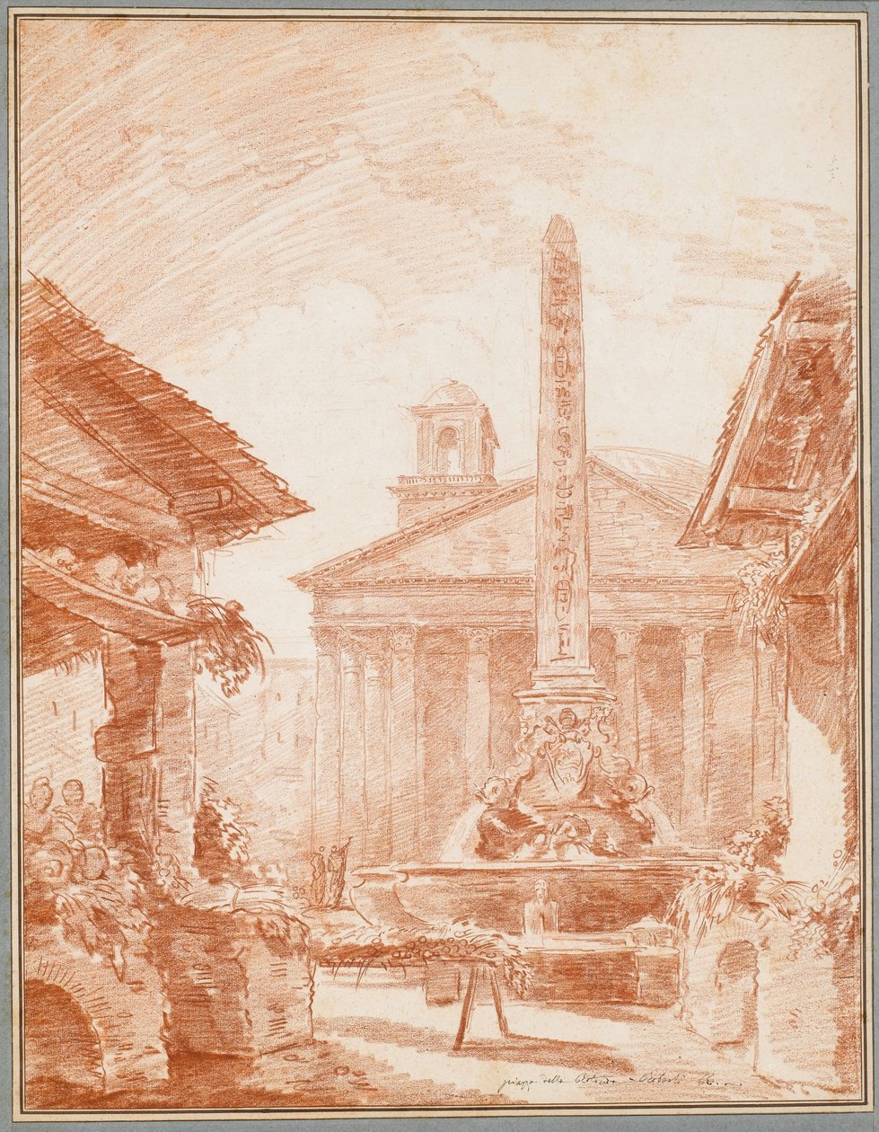View of the Piazza della Rotonda in Rome with the Tritons fountain and the Pantheon facade by Hubert Robert