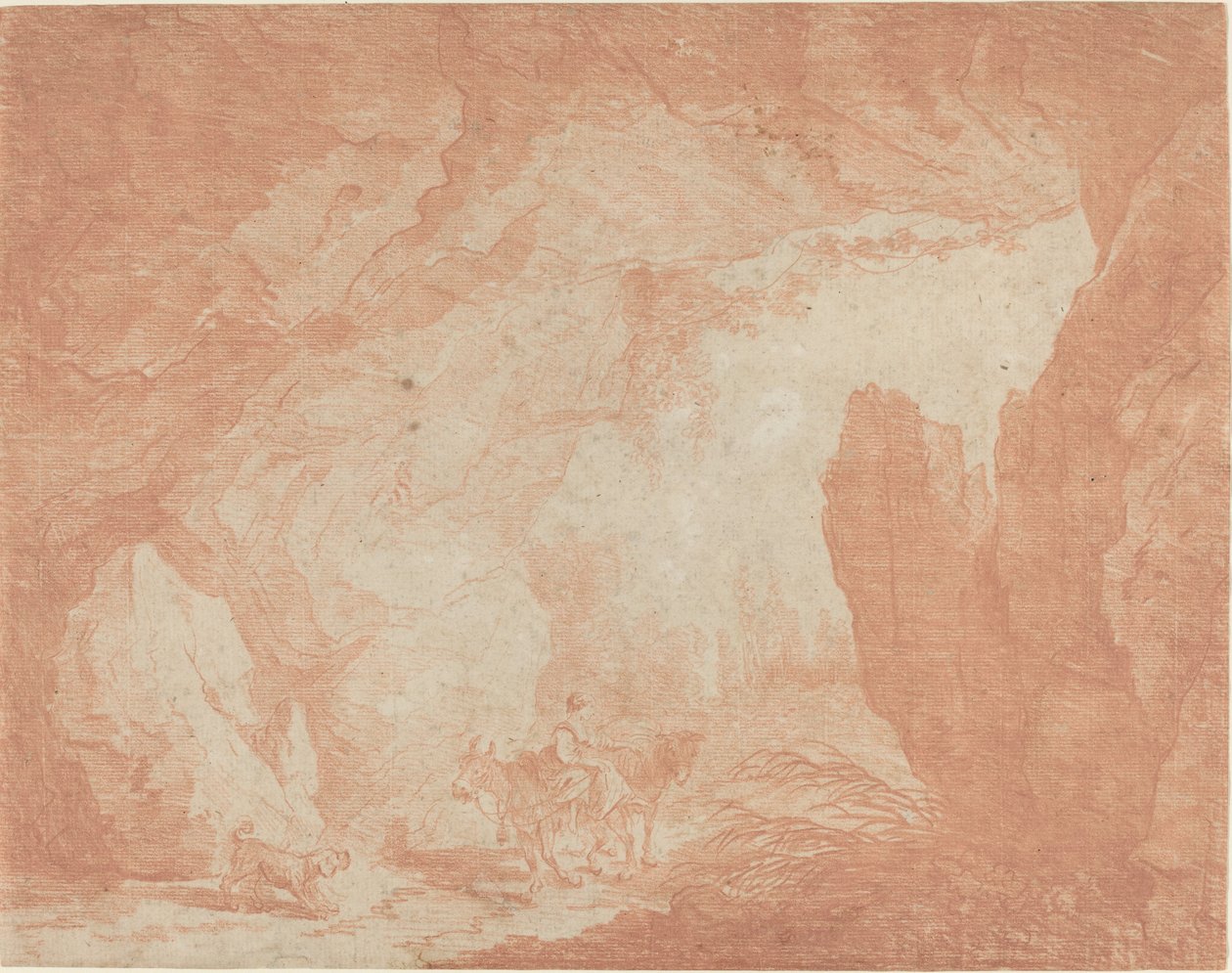 Young Woman with Donkeys Riding under a Natural Bridge by Hubert Robert