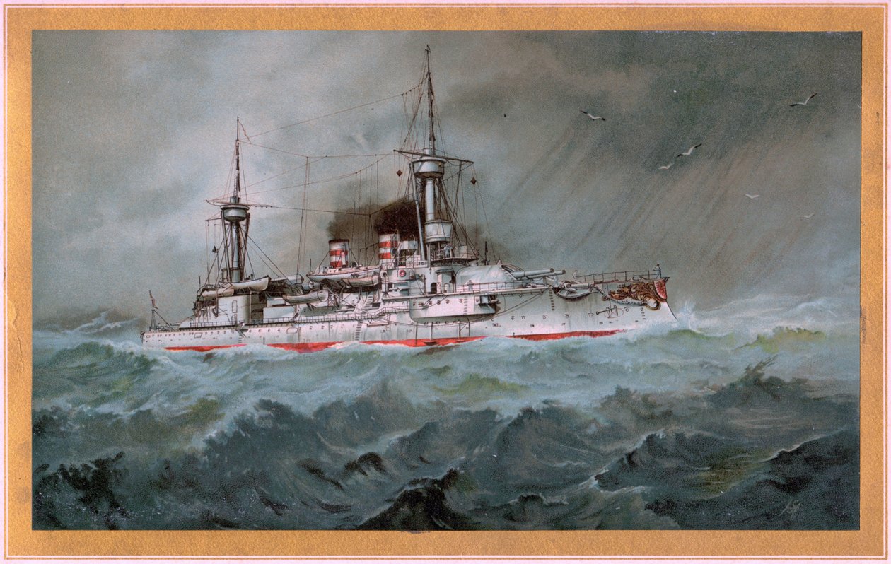 S.M.S. Linienschiff Brandenburg (coat of arms red eagle on white shield, S.M.S. Wörth = black emperor eagle on golden shield) by Hugo Graf