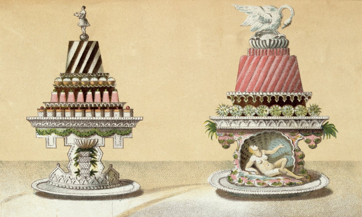 Design for the Presentation of Charlottes a la Reine & Pain de Framboises a la Leda, Illustration from a Hungarian Cookery Book on French Cooking, c.1880 by Hungarian School