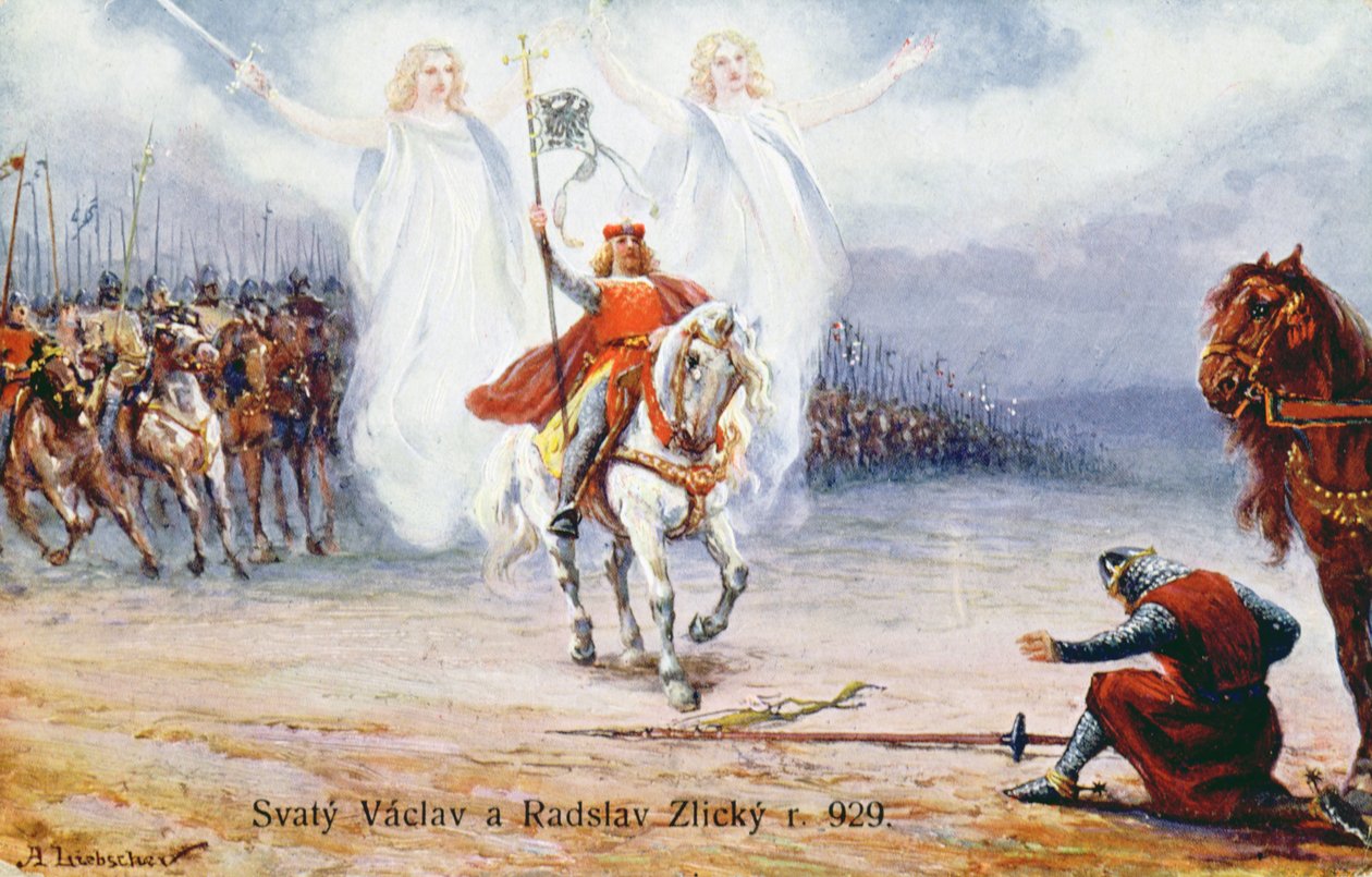 Duke of Kourim surrendering to Saint Wenceslaus after seeing two angels accompanying the saint by Hungarian School