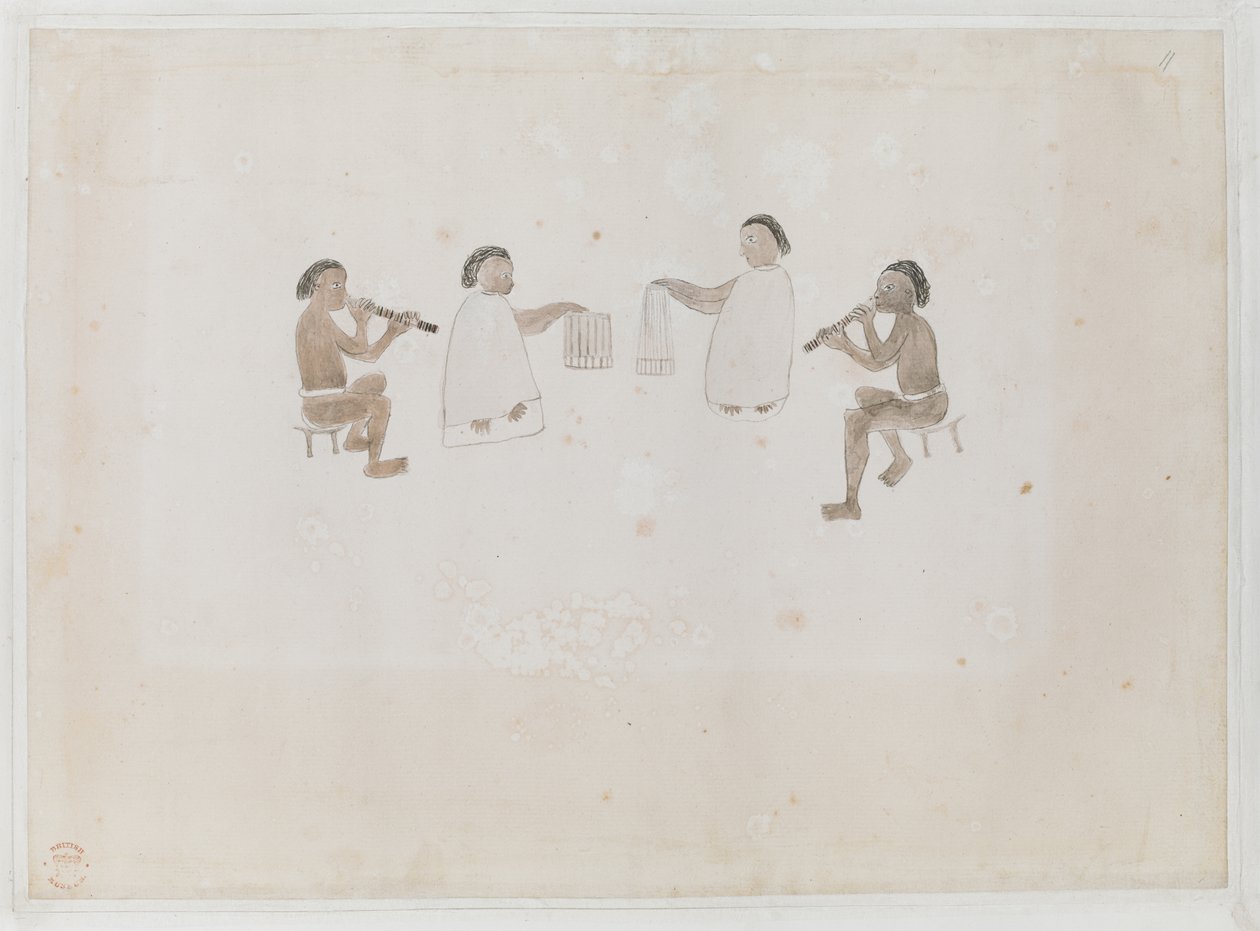 Musicians of Tahiti. Four Tahitians, two dressed in the mare playing the nose flute; two dressed in the tiputa beating drums, Recorded in Joseph Banks