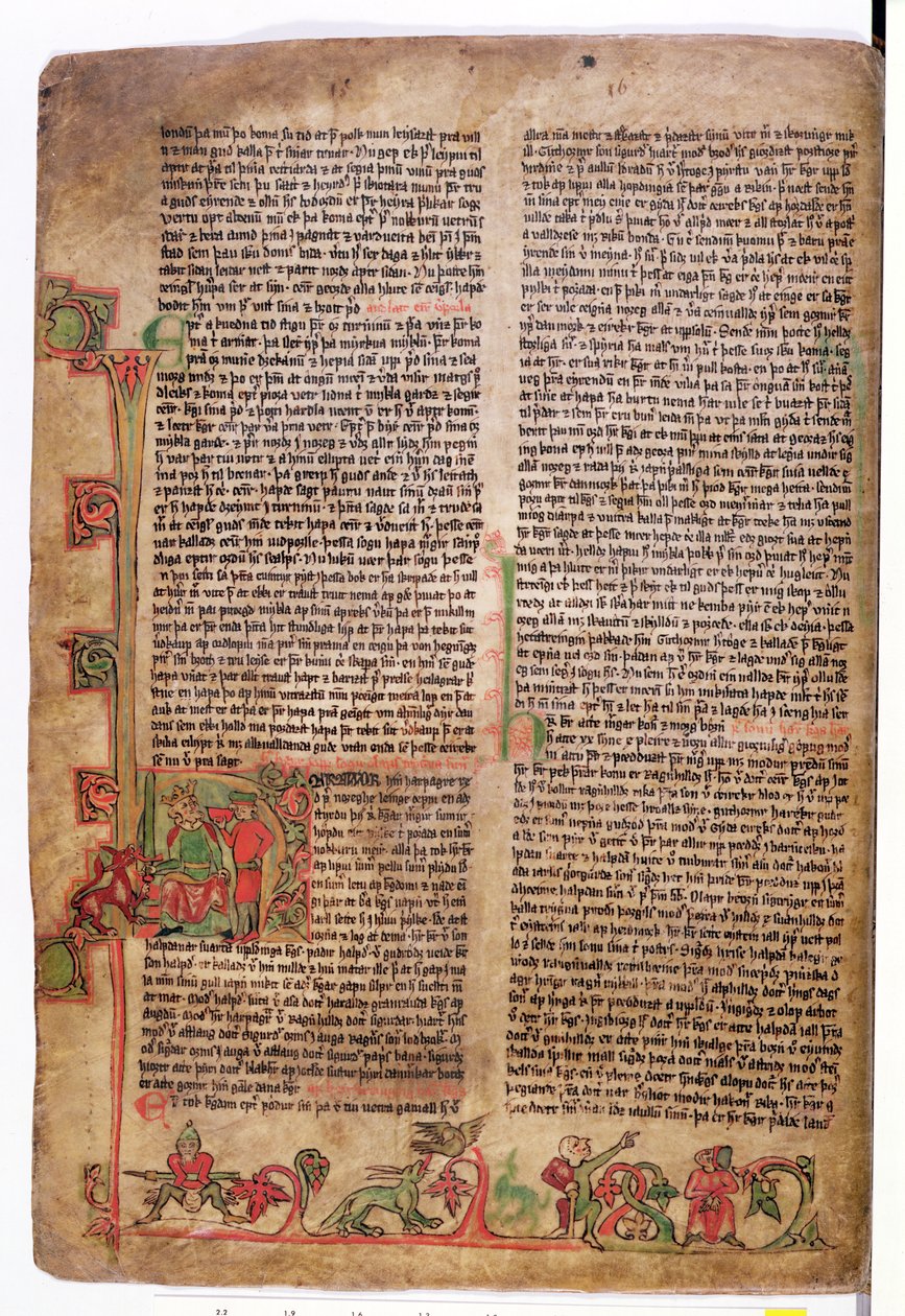 Historiated initial D at the beginning of The Saga of Olaf Tryggvason, from Flateyjarbok (The Book of Flatey), late 14th century by Icelandic School