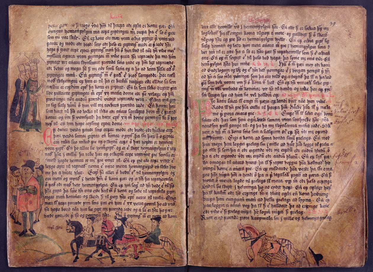 Two illustrated pages from a copy of the original 13th century Jonsbok law collection by Icelandic School
