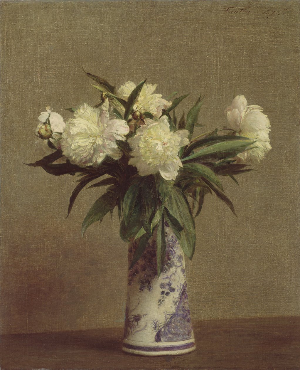 Peonies in a Blue and White Vase by Ignace Henri Jean Fantin Latour
