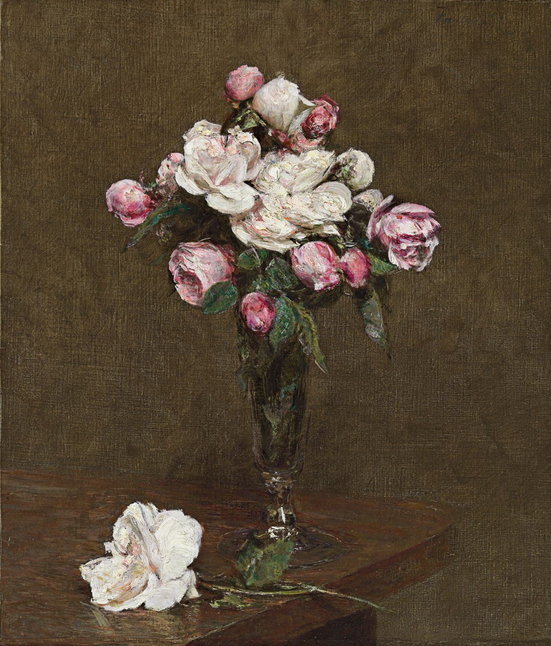 Pink and White Roses in a Champagne Flute by Ignace Henri Jean Fantin Latour