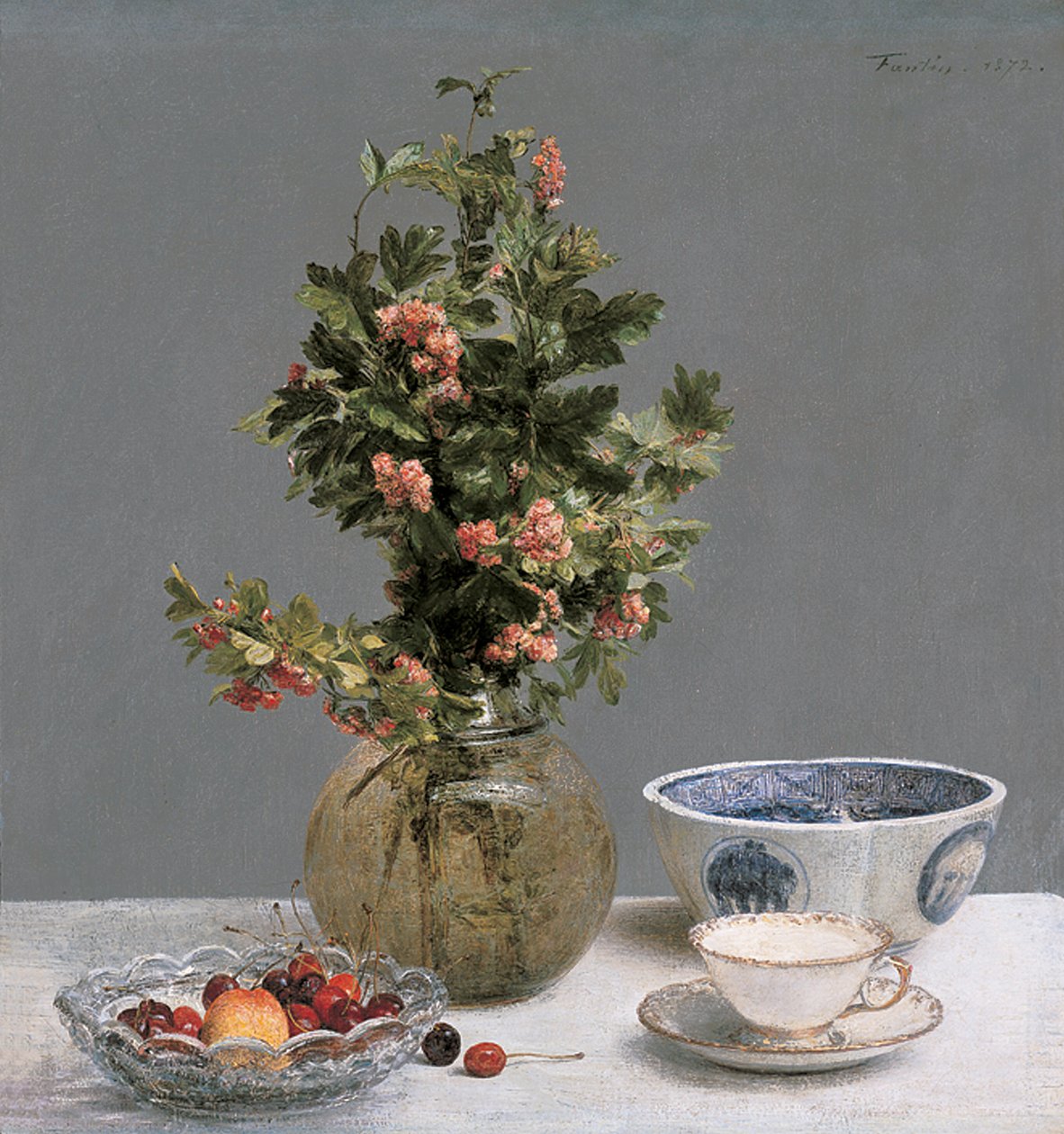 Still Life with Vase of Hawthorn, Bowl of Cherries, Japanese Bowl, and Cup and Saucer by Ignace Henri Jean Fantin Latour