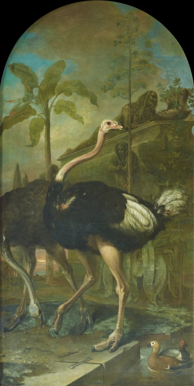 A Pair of Ostriches, with a Sarcophagus in the Background by Ignaz Heinitz von Heinzenthal