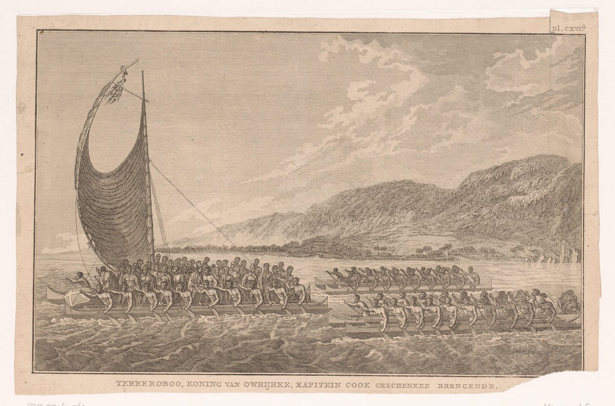 Inhabitants of Hawaii and Their King Sailing in Canoes to Bring Gifts to James Cook by Ignaz Sebastian Klauber (possibly)