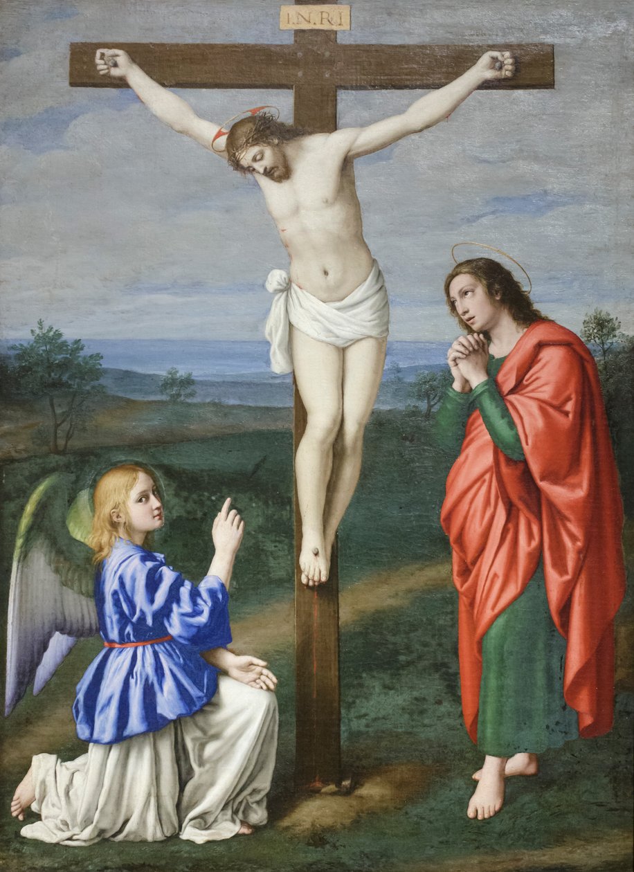 Crucified Christ Between an Angel and Saint John the Evangelist by Il (1609 85) Sassoferrato