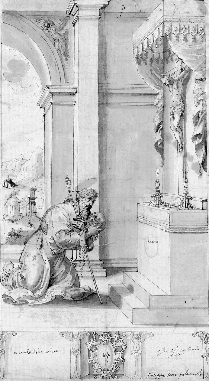 A saint kneeling before an altar with a crucifix: design for a processional banner by Il (c.1550-1611) Sozzo