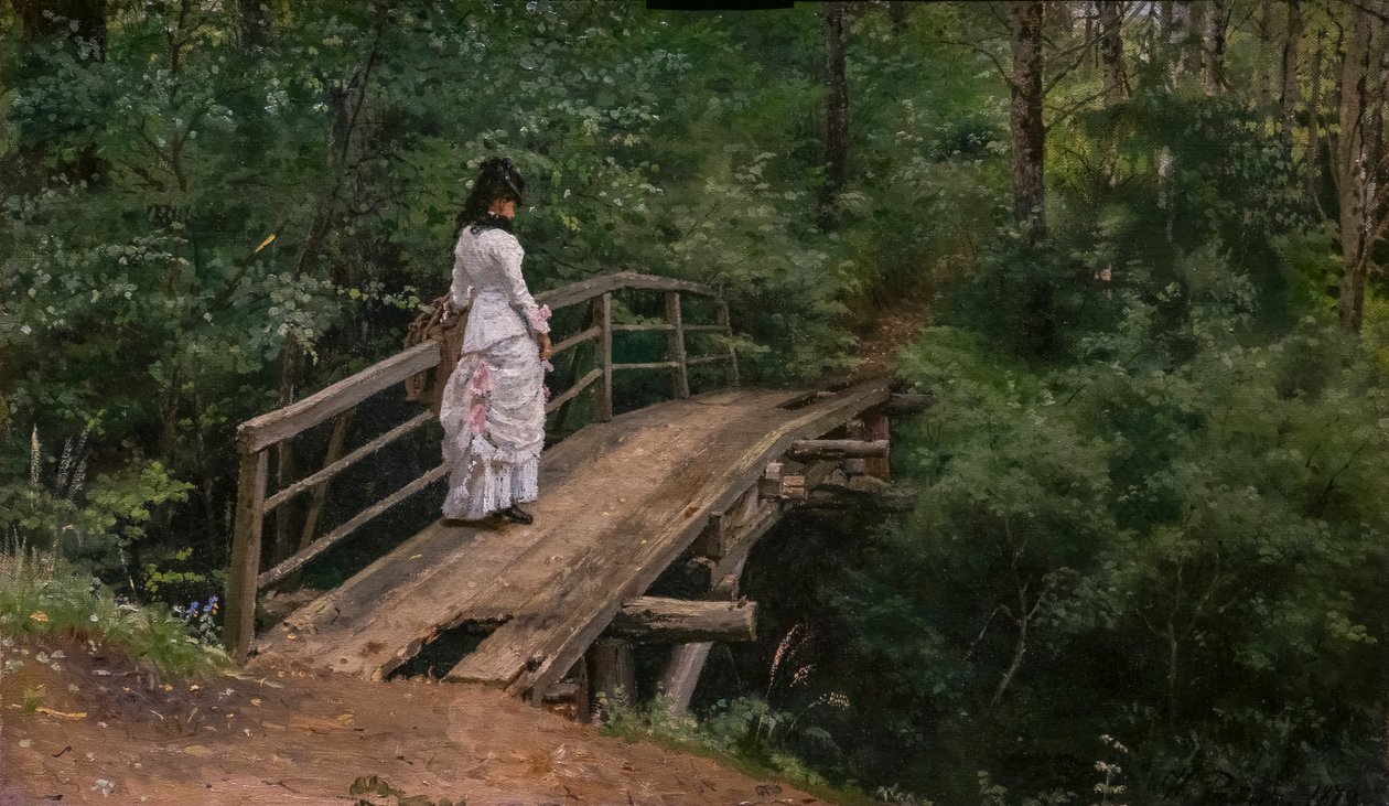 Summer Landscape. Vera Repine on a Small Bridge in Abramtsevo by Ilya Efimovich Repin