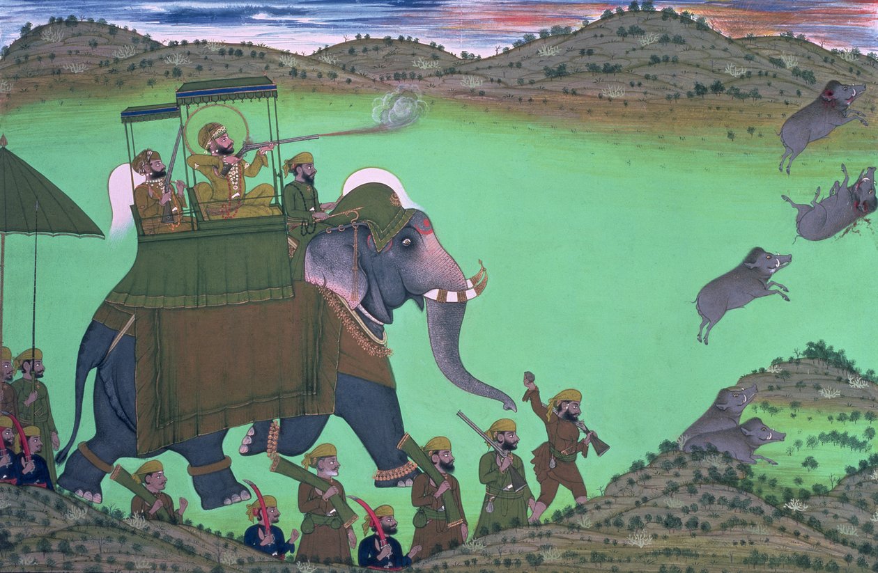 Maharana Sarup Singh of Udaipur shooting boar from elephant-back, Rajasthan, 1855 by Indian School
