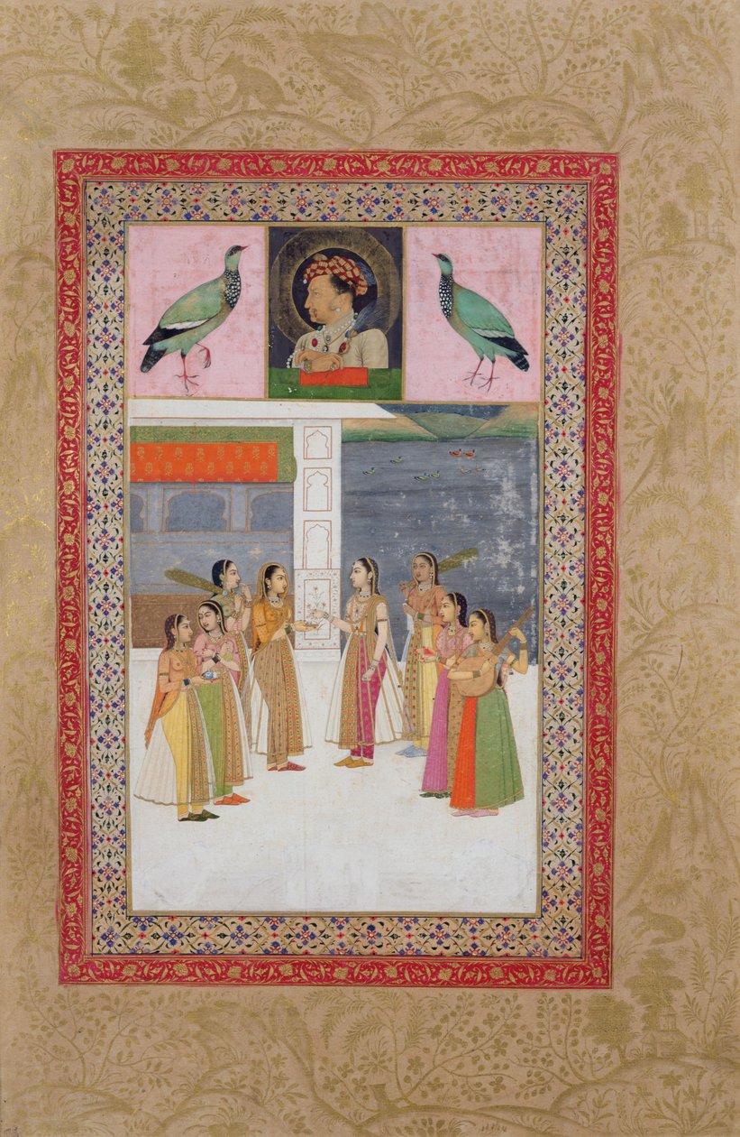 Portrait of Djahangir, Two Birds and Noble Women in Conversation by Indian School