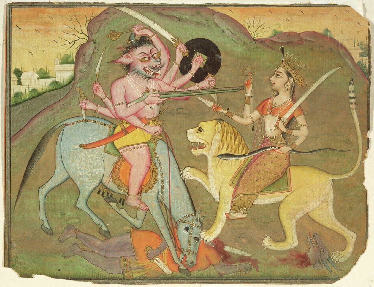 Durga in combat with Mahishasura, from the folio of 