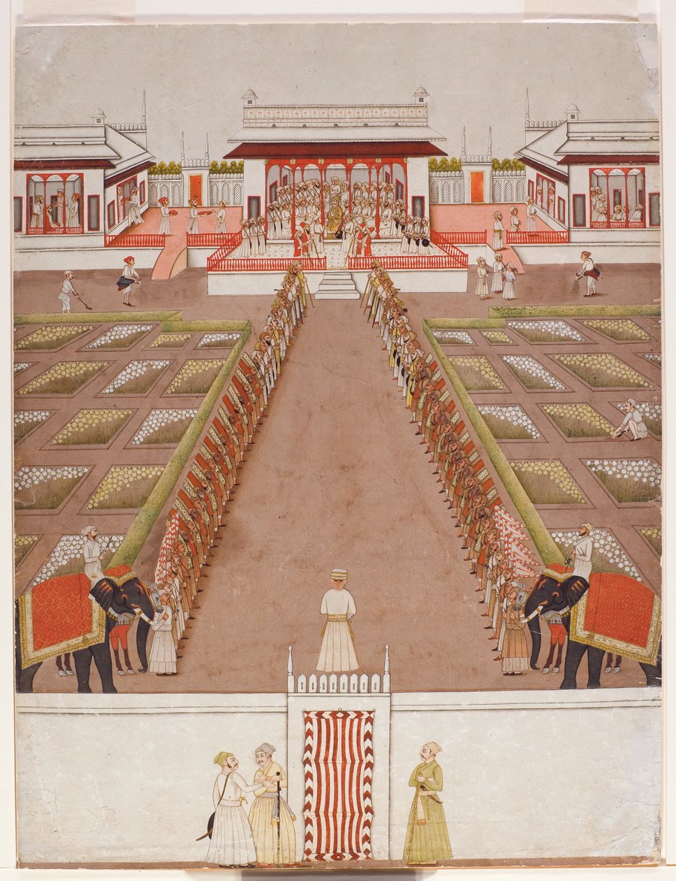 A Nawab Holding Court Within a Pavilion, Beyond an Avenue of Retainers and Two Elephants by Indian School
