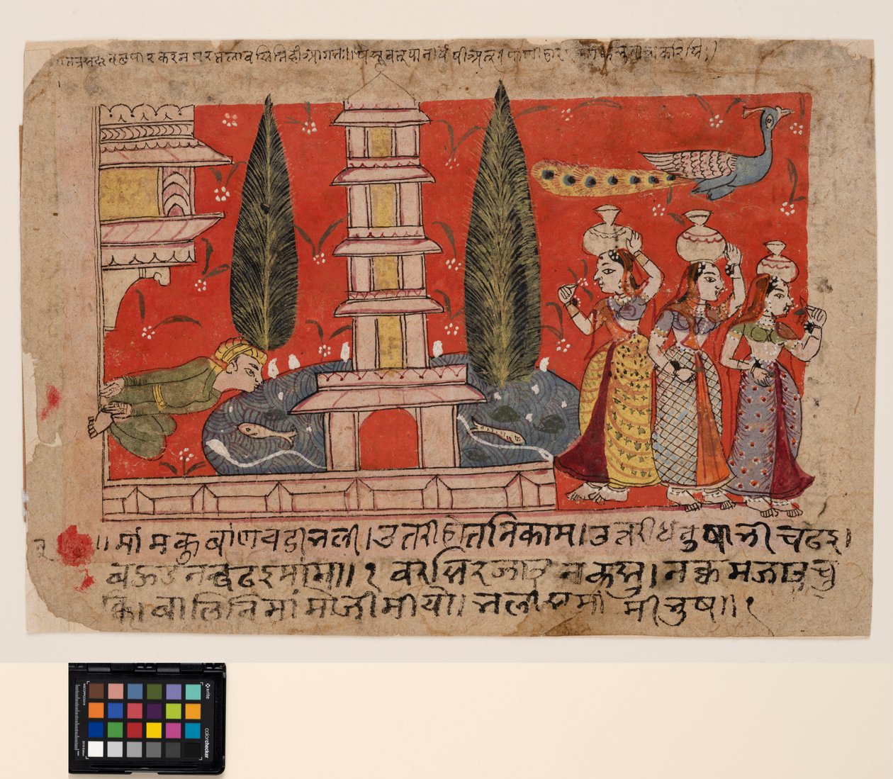 A man climbing on the side of a palace spies gopis across a pond with a pagoda by Indian School