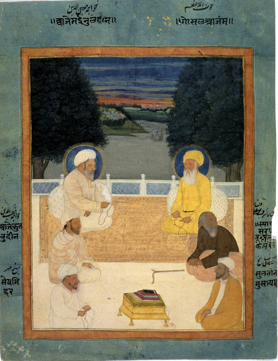 Six Sufi saints seated on a terrace; Khvaja Mu