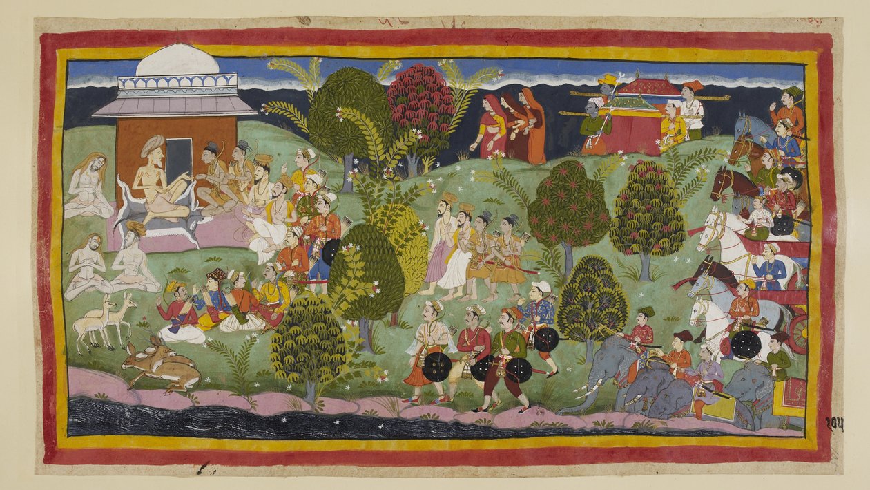 The two princes, the Brahmins and ministers approach the hermitage of Bharadwaja on foot, with the three queens at a distance over the horizon followed by their litters. The army with its elephants and chariots waits behind. On the l by Indian School
