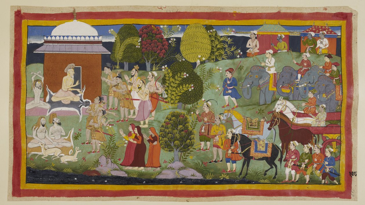 Bharadvaja, seated outside his hut with other ascetics and deer, enquires of the princes whether they have enjoyed his hospitality. He tells them and their companions that Rama is living in Citrakuta. At his request, the princes introduce themselves. by Indian School
