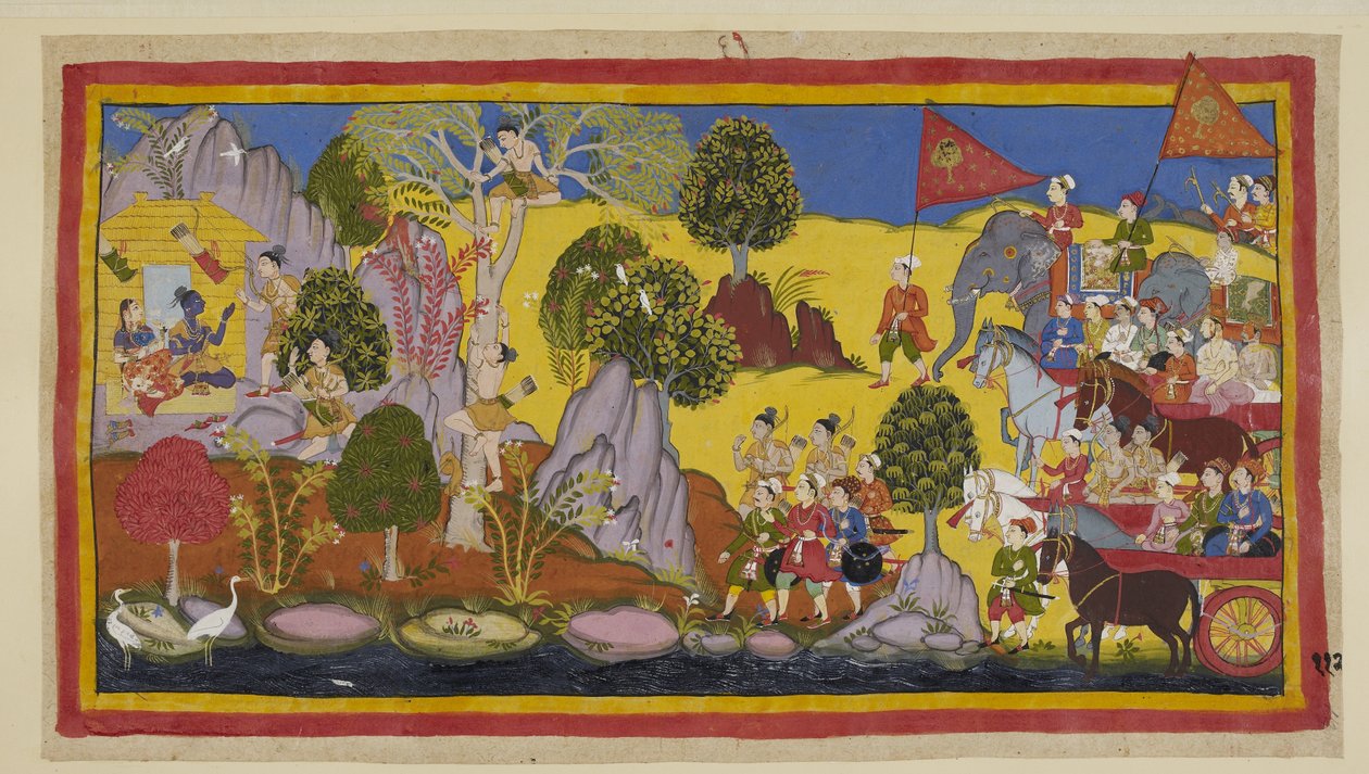 The tumult of the approaching army having alarmed Rama, he tells Laksmana to climb up a tree to find out what is causing the din by Indian School