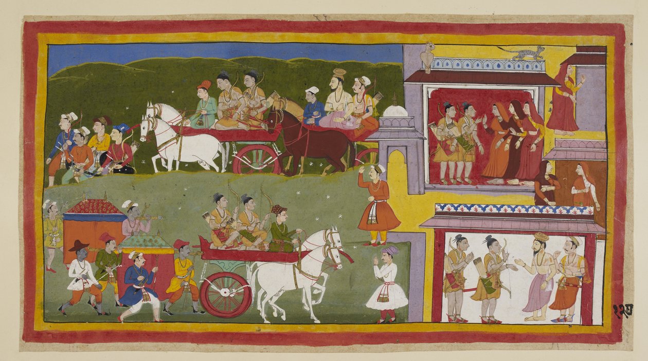 The procession returns to Ayodhya, along the bottom of the painting, the sorrowful and deserted city being the haunt of cats and owls. Bharata and Shatrughna take their leave of the queens and tell Vasistha that they will retire to N by Indian School