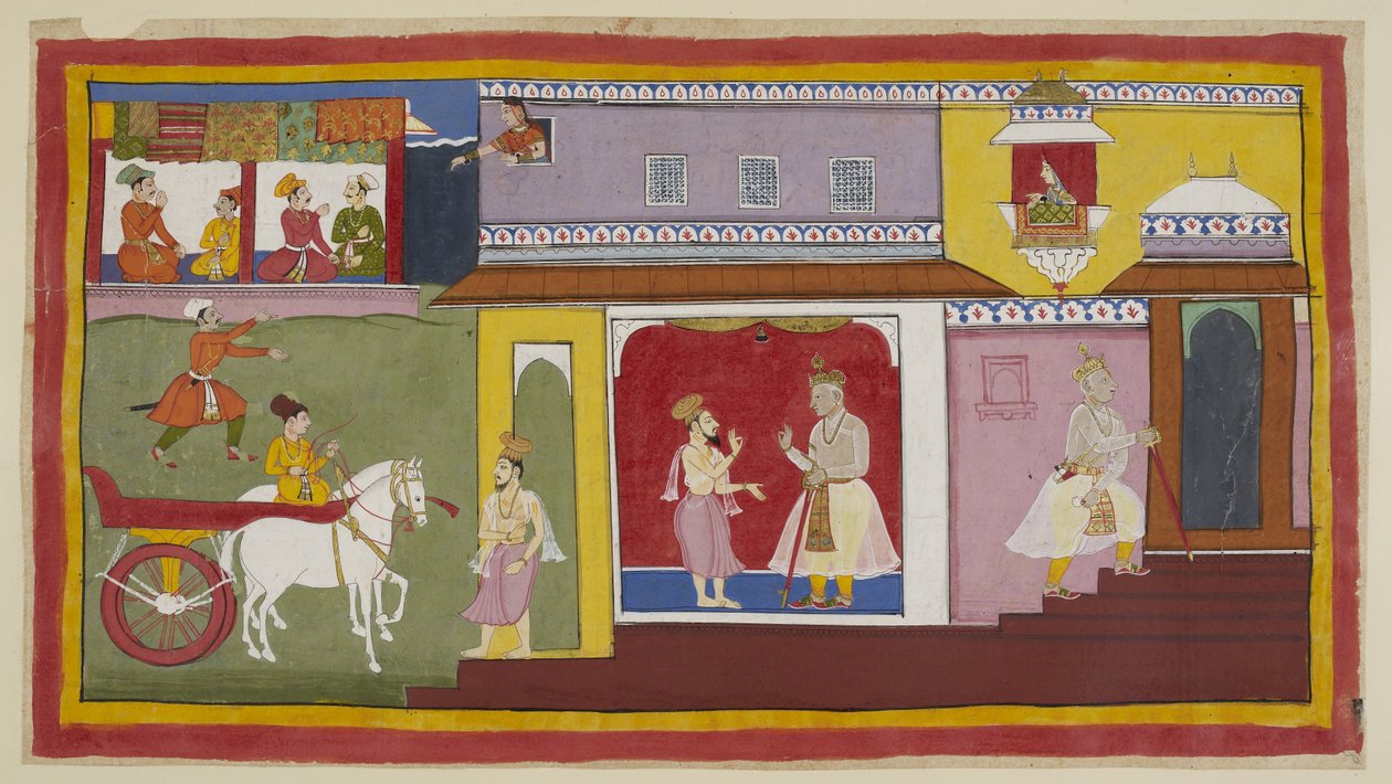 Vasistha Returns to the Palace and Tells Dasaratha That All is Prepared for the Ceremony. Dasaratha Withdraws to an Inner Chamber of the Palace. Above, Kaikeyi