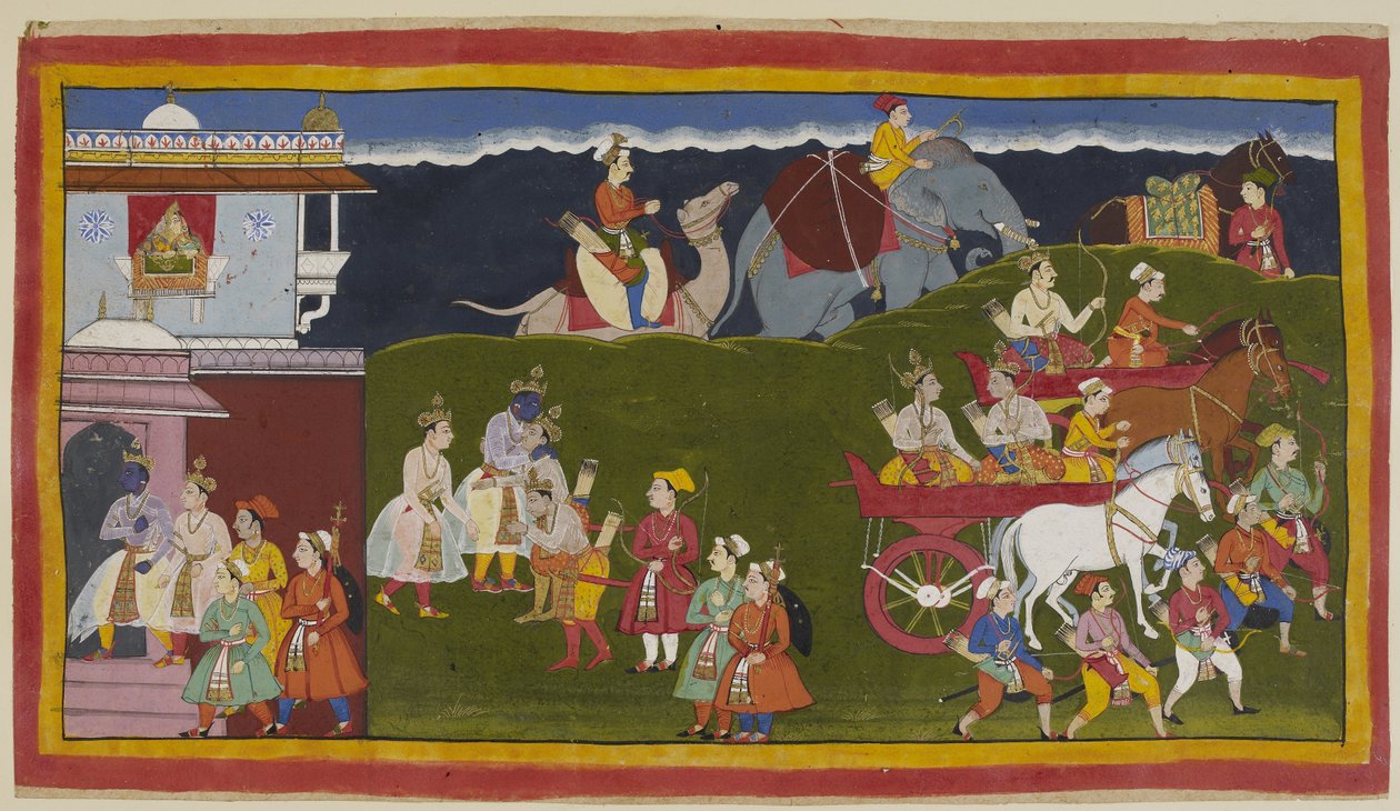 The four brothers embrace outside the palace, with women looking down from a shuttered jharokha window supported by curving serpentine brackets by Indian School