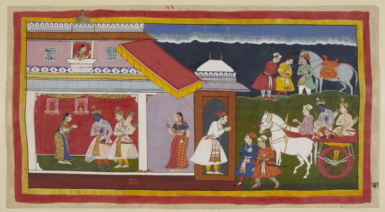 Having finally persuaded his mother and brother to calmly accept his fate, Rama and Laksmana return to his own palace in the chariot, Rama
