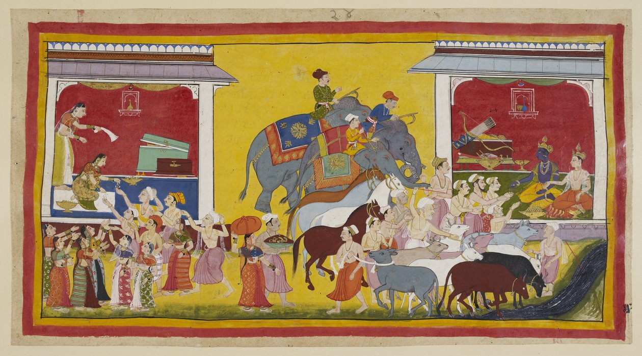 Rama has not been able to dissuade Sita or Laksmana from accompanying him, and the three now give away all they possess. Seated in a pavilion on the left, Sita distributes her jewels and clothes to the townspeople, while the Brahmin Su by Indian School