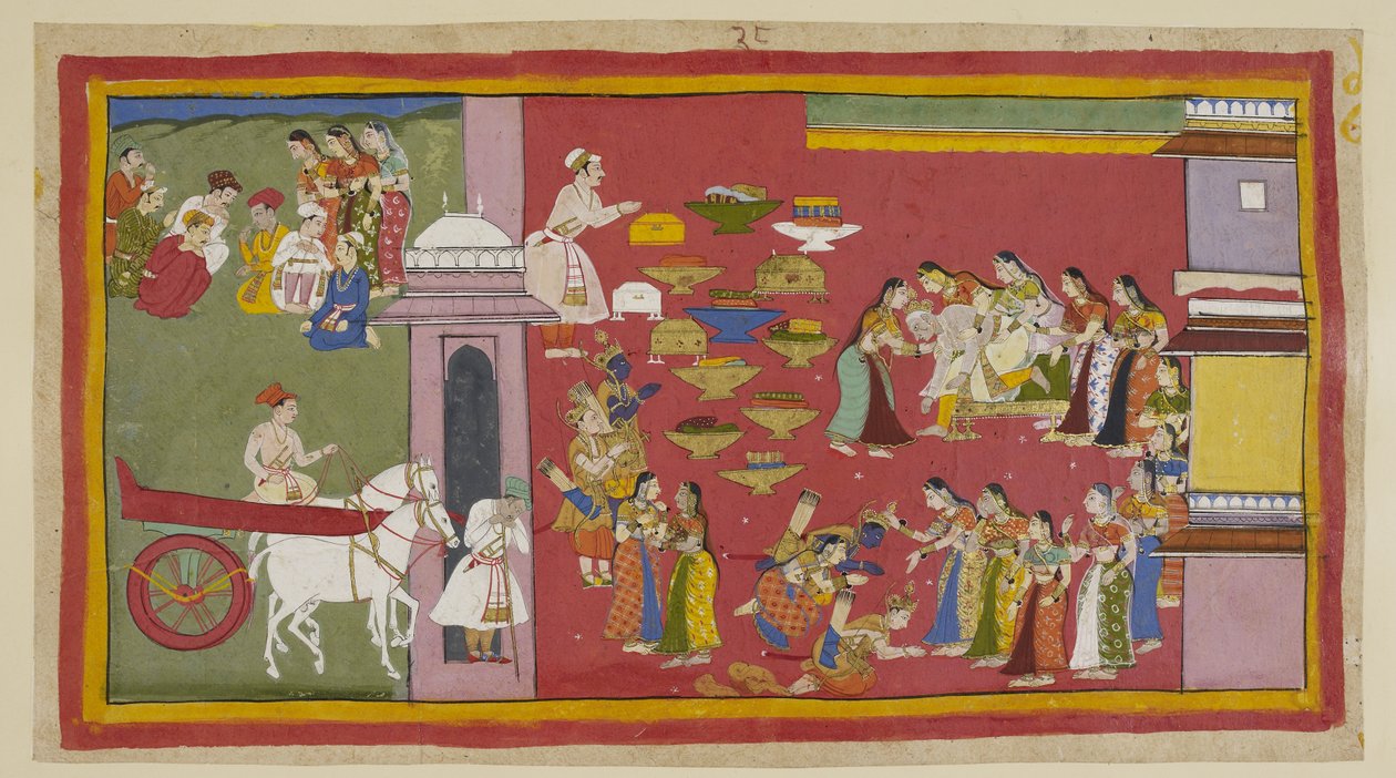 On the right, seeing his sons and Sita clad in robes of bark, Dasaratha loses consciousness and falls from the throne by Indian School