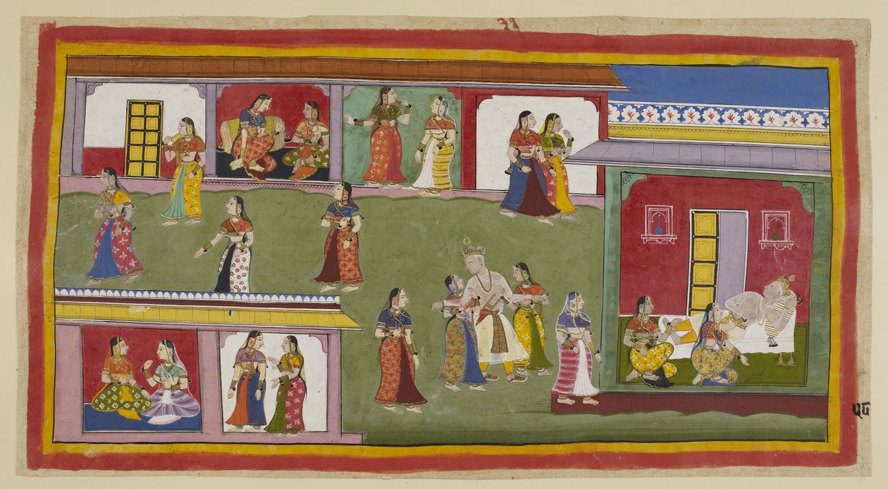 The king is helped back into his palace by his queens. He repudiates Kaikeyi, telling her to dwell in the palace as a widow as he does not want to see her again, and is helped to bed by Kausalya and Sumitra, while the lesser queens m by Indian School