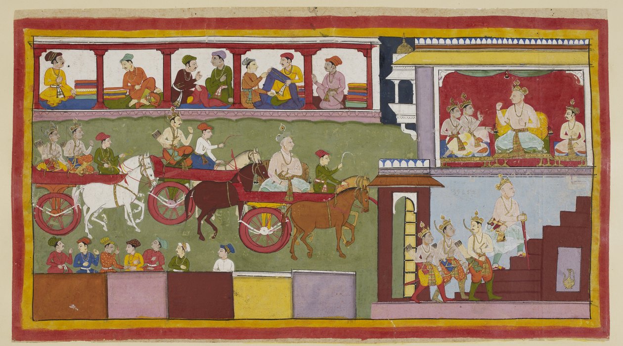 Three chariots convey the king, his son and the two young princes through a bazaar. The fronts of the far shops are visible with merchants selling cloth, and the backs of the ones below. In his palace on the right, the elderly king, usi by Indian School