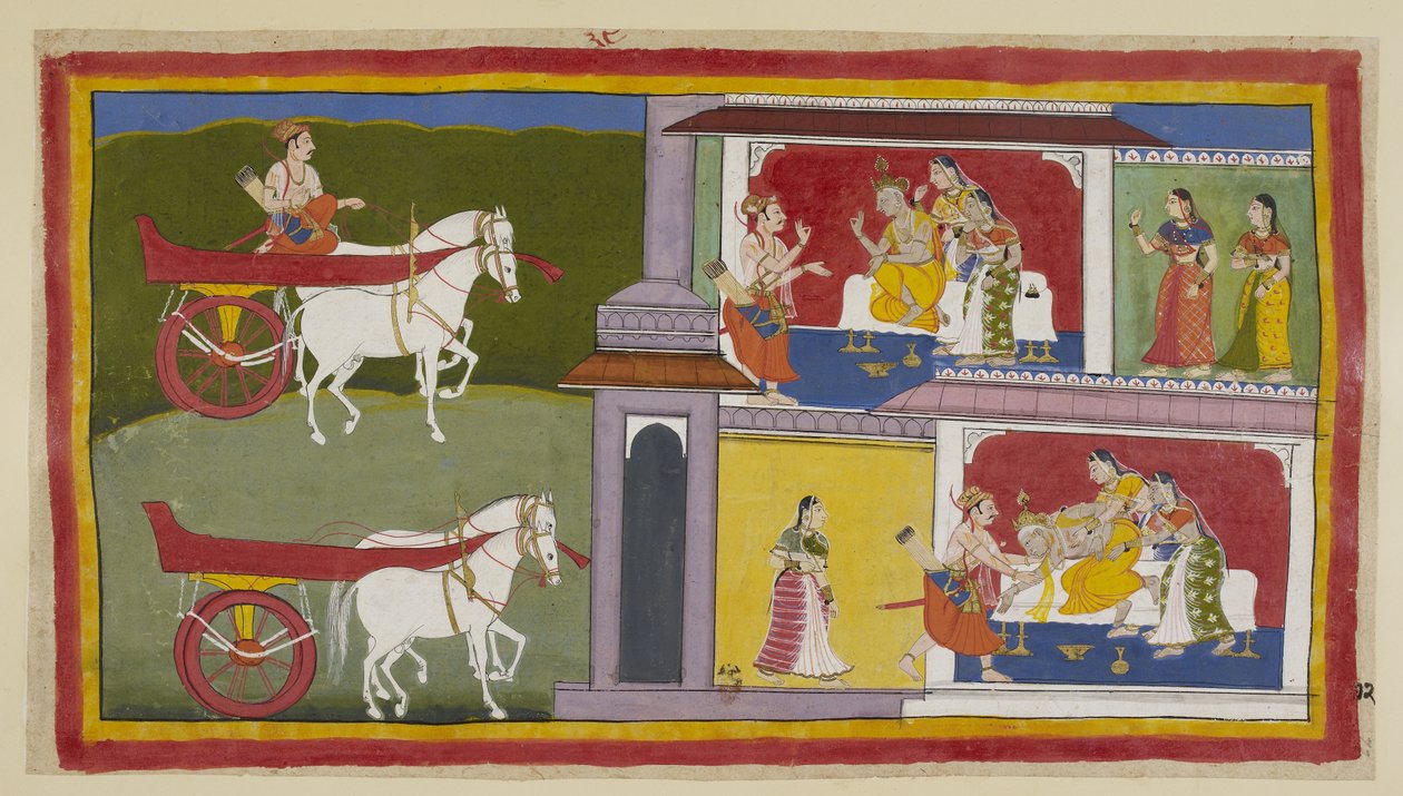 On the Left, Sumantra Returns to Ayodhya and Enters the Palace to Give Rama