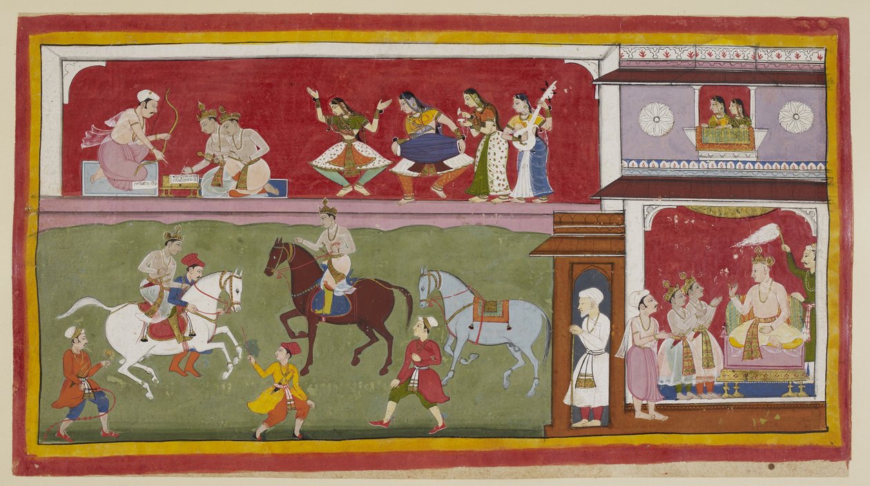 On the right in the palace, the princes ask the king for teachers of religion, arts and sciences, while above two ladies at a carpeted jharokha window look down on them on the left as they practise horsemanship on the exercise ground by Indian School