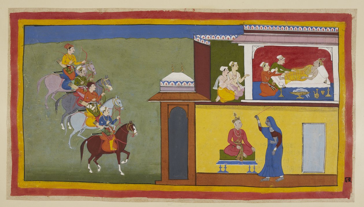 The four messengers on horseback approach the city of Kekaya, while attendants try to wake Bharata, who has had alarming dreams about his father. In one of them, shown below, the king dressed plainly, and seated on an iron (here blue) by Indian School