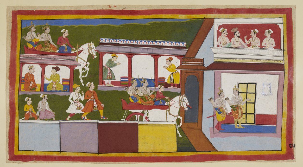 The princes in their chariot drive through the main street at Ayodhya, wondering at the change in the city since they left it, and then enter the palace, with questioning gestures. In an upper room, a Brahmin and three ministers converse. by Indian School