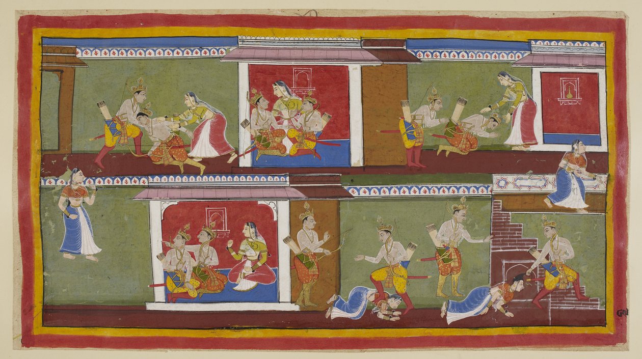 At the top on the right, Bharata and Shatrughna greet Kaikeyi, who takes them on her lap, and they converse about recent happenings by Indian School