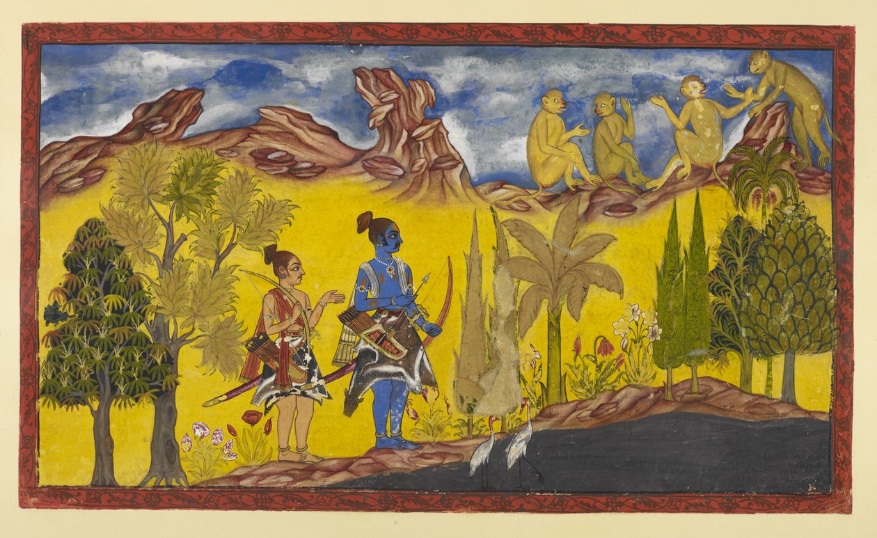 In their desperate search for the abducted Sita, Rama and Laksmana have come to the Pampa lake, which is covered with lotuses and surrounded by flowering trees. It is the spring season and Rama is continuously reminded by the mating birds. by Indian School