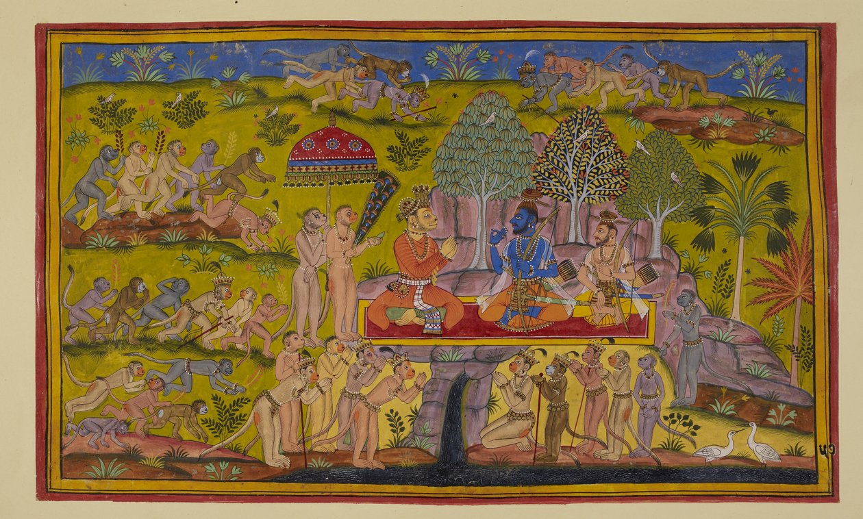 As Sugriva is still speaking of his earlier adventures to the two brothers, the monkeys sent out to the eastern, northern and western quarters return and report that their quest was in vain, there had been no sign of Sita by Indian School