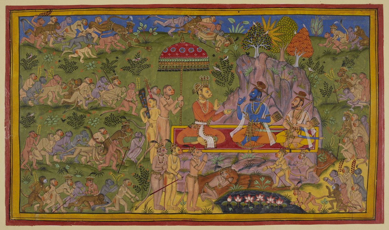 The monkey forces have scoured the northern, eastern and western regions in vain and return to tell Sugriva and Rama of their disappointment. Sugriva Sita on a rug under a royal umbrella and is offering pan (betel-chews) to the two brothers by Indian School