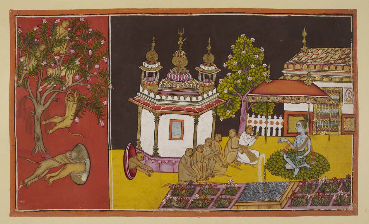Still desperately searching for Sita in the mountainous wilderness, the monkeys find the entrance to an enticing cave. On the left, in a separate panel, the monkeys cavort in a flowering tree outside the small entrance to the cave by Indian School