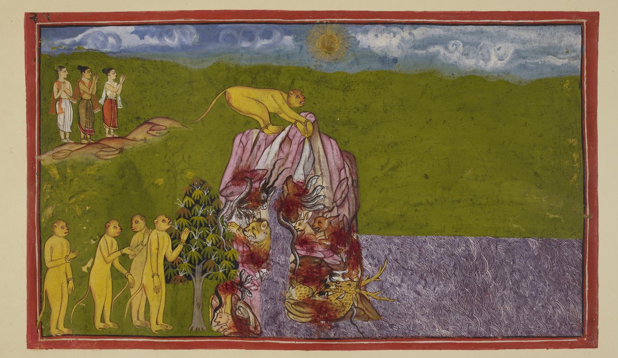 On the shores of the great ocean, the monkeys were dismayed as to how they could cross it to reach Lanka. Angada asked them all how far they could leap, but none was confident of leaping this far, until Jambavan urged Hanuman by Indian School