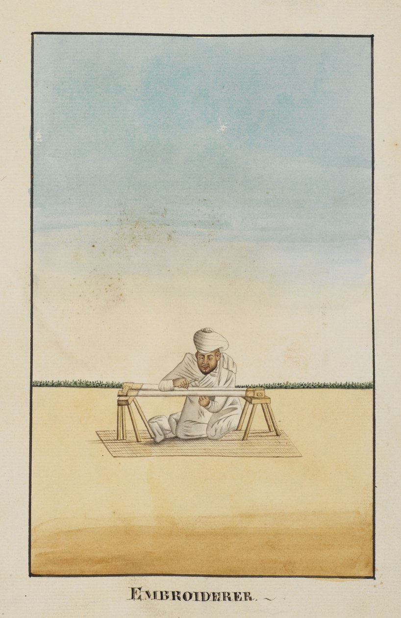 Embroiderer seated at his frame by Indian School