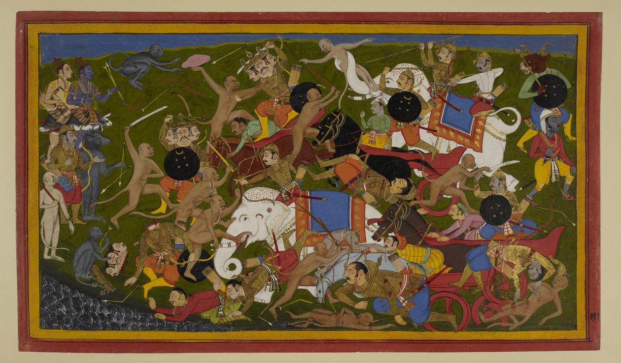 Angada, Nila, and Hanuman defeat Ravana’s kin in battle by Indian School