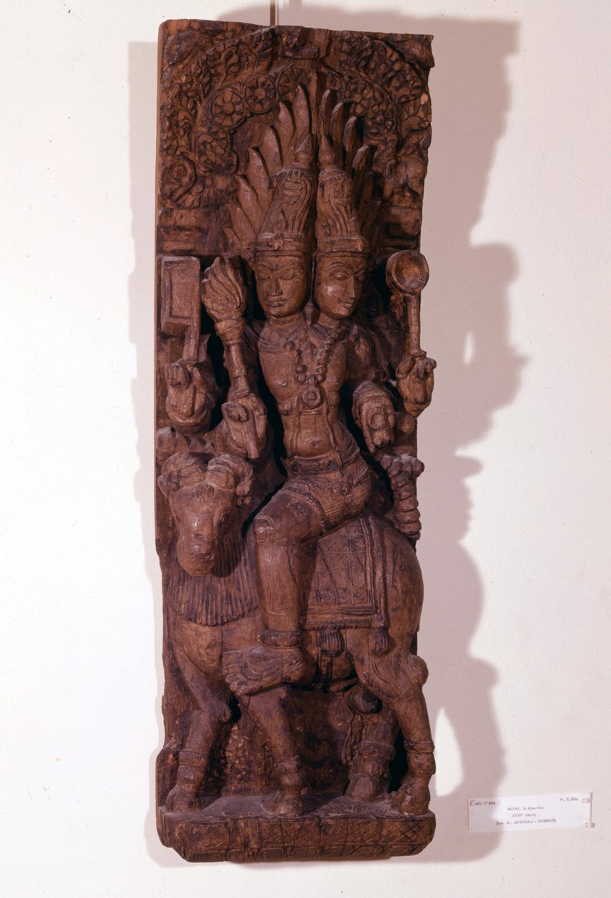 Agni, god of fire, depicted with two heads on a ram, according to Hindu mythology. Wood sculpture of the 17th century. Paris, Musée Guimet by Indian School