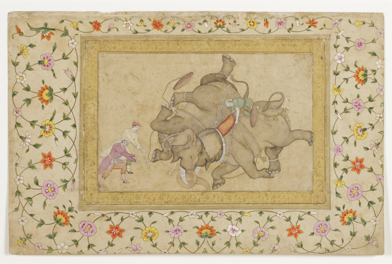 An elephant combat, with border floral arabesque by Indian School