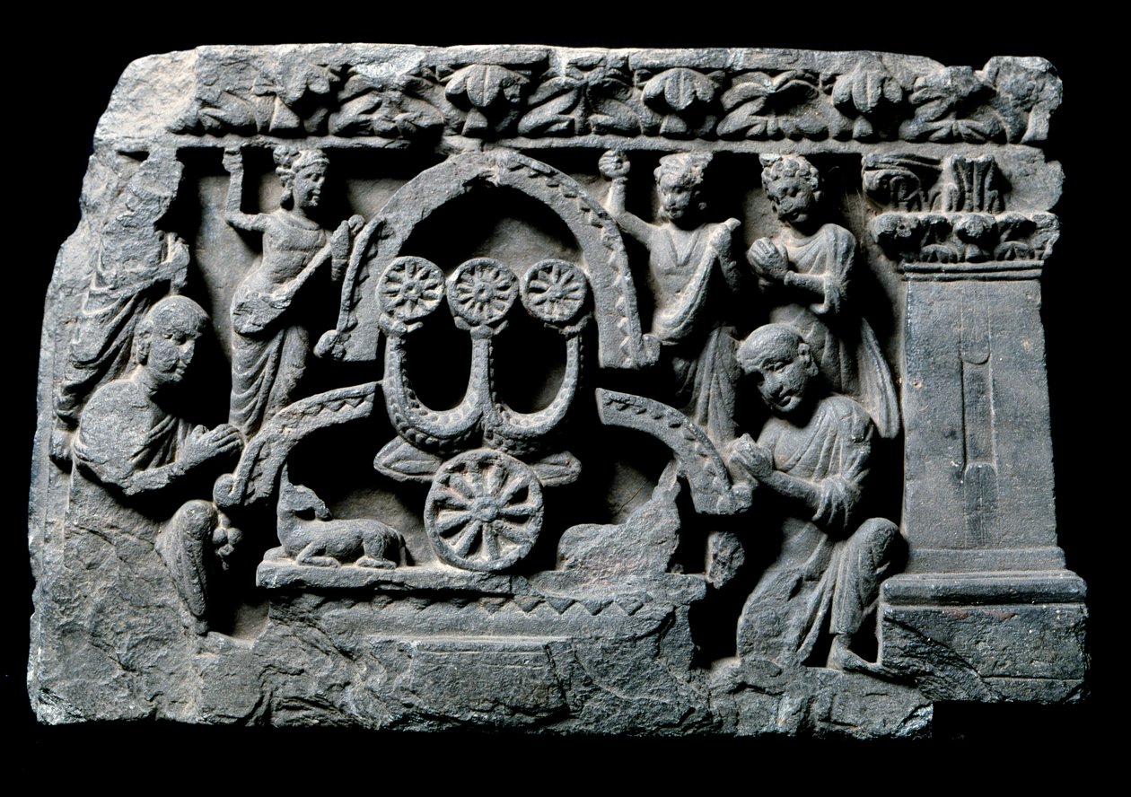 Art of Gandhara: Buddha in prayer, the miracle of Sravasti. Relief of the Gandhara School - 2nd to 4th century - Indian Museum, Calcutta India by Indian School