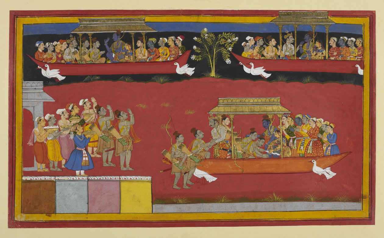 Bharata and Shatrughna greet Rama and Sita as the Pushpaka departs by Indian School
